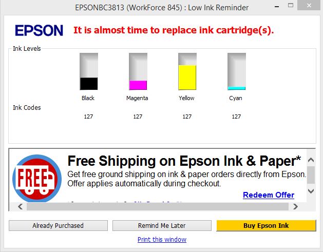 Epson Buy Epson Ink Dialogue Box